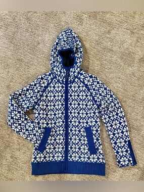 Icewear - Blue & White Hooded Knit Utility Jacket with Snowflake Pattern